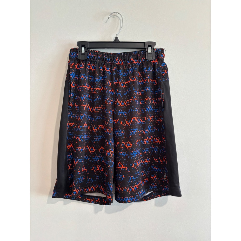 Reebok Athletic Shorts Boys L Black Orange Blue Honeycomb Pattern